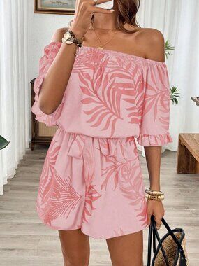 Pink Casual Women's Hawaiian Style Ruffled Off Shoulder Romper